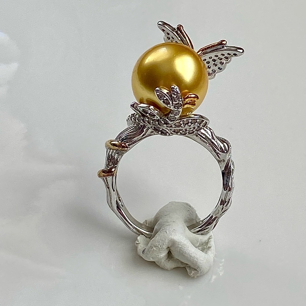 R25- Premium Round Deep Gold South Sea Pearl 11.8 mm s925 Butterfly Ring - Picture 6 of 9
